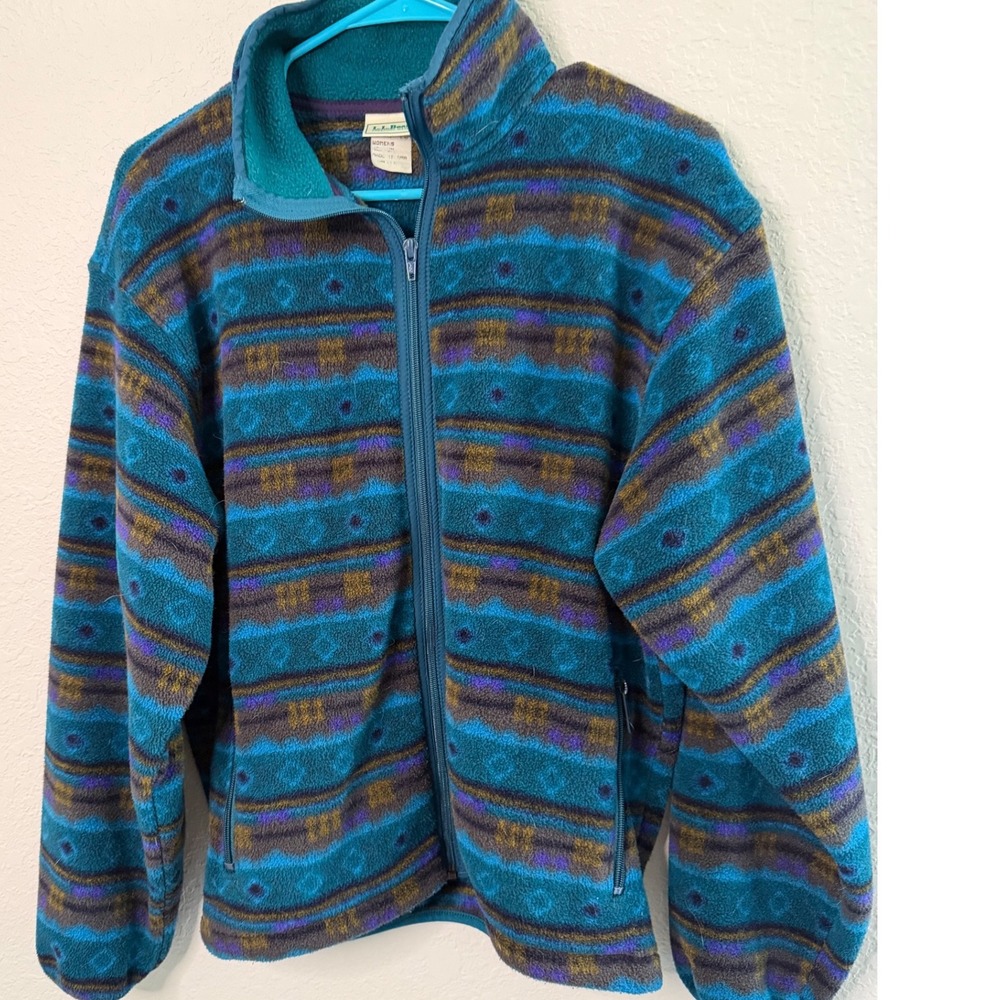 VTG 1990s L.L.Bean Made in USA Teal Purple Aztec Fleece Jacket Sz 
Med Zip UP